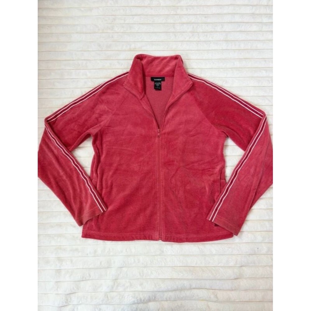 Express Red Velour Zip-Up Jacket with Stripe Detail Size L